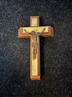 Wooden Sick Call Crucifix With Brass Detailing.
