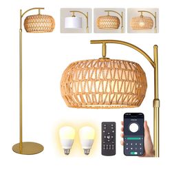 Gold Boho Rattan Floor Lamp w/Remote, Dimmable (2700K - 6000K), 2 - in - 1 Wicker & Fabric Shade, Adjustable 165-172cm for Living Room & Bedroom