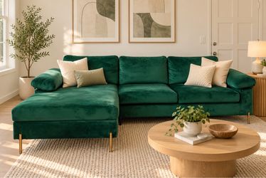 Green Velvet Sectional Sofa with Chaise