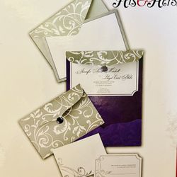 25 Invitation Sets: Grey/Purple with Large Purple Gem Stone Accent