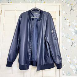Stacy Adams Navy Faux Leather Bomber Jacket (Men’s 3X) – Very Good
