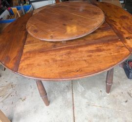 Rare 19th Century Walnut Drop-Leaf Dining Table & Chairs and Lazy Susan