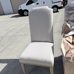 Set of 4 Linen Upholstered Dining Chairs – Nailhead Trim – Distressed Wood