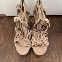 Tan Fringe Wedge Heels Not Rated