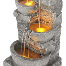 Teamson Home 33.25 in. Cascading Bowls and Stacked Stones LED Outdoor Water Fountain for Gardens, Landscaping, Patios, Balconies, and Lawns for a Calm