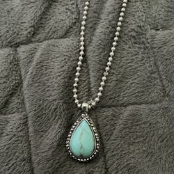 Turquoise Teardrop Necklace With Marcasite Border Floral Back 18” Silver Ball Chain And Charms
