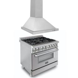 ZLINE 36 in. Kitchen Package with Satin Stainless Steel Dual Fuel Range and Convertible Vent Range Hood