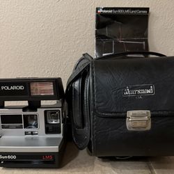 Vintage Polaroid Sun 600 Land LMS Instant Camera, w Strap, Leather Case & Manual