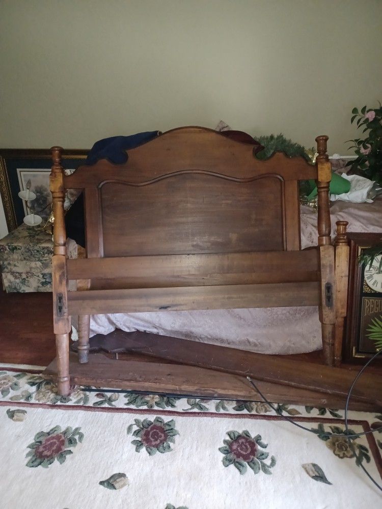 Antique Double Bed.  Wood Rails. Footboard.
