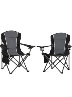 2-Pack Oversized Folding Camping Chairs, 350 lb Capacity, Cup Holder & Cooler Bag-Black