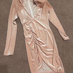 New Medium Peach Velvet Stretchy Ruched Long Sleeve Cocktail Dress