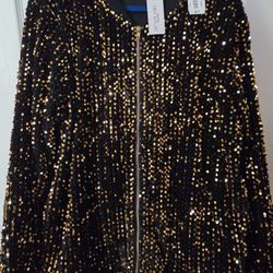 CHYTOALN Black Gold Sequin Bomber Jacket Womens Full Zip Long Sleeve