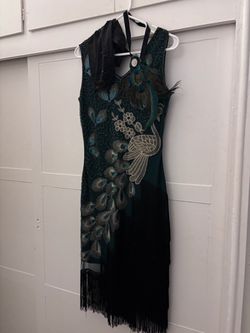 1920s Flapper Peacock Beaded Dress w/ Gloves & Headband – Worn Once