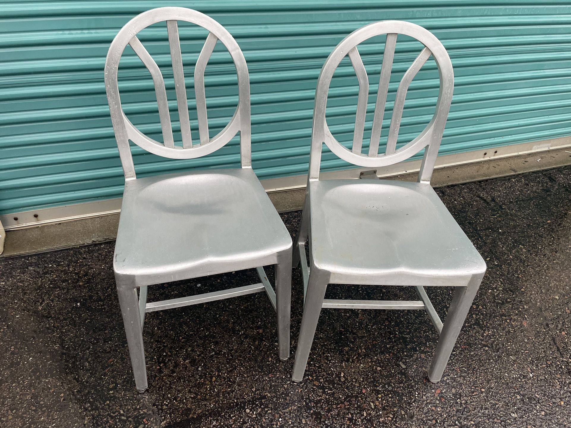 Genuine pair Emeco Chairs Brushed Aluminum rounded back mid century modern Mcm