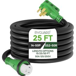 RVGUARD 50 Amp 25 Foot RV Power Cord, 14-50P to SS2-50R Generator Extension Cord, Heavy Duty STW Cord with LED Power Indicator and Cord Organizer, Gre