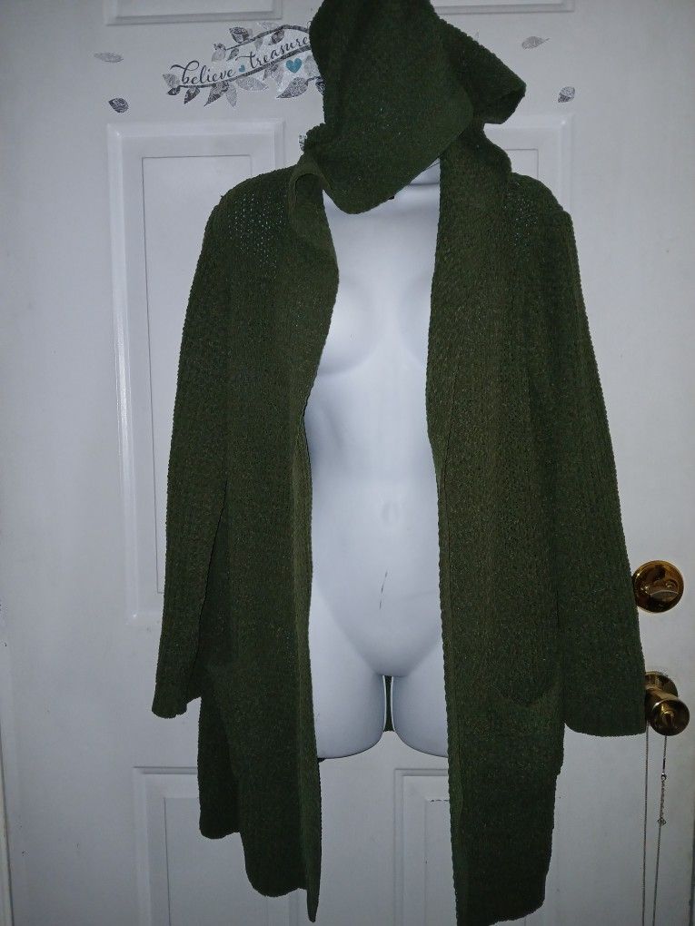 Large Green Hooded Cardigan With Pockets