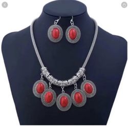 Oval Retro Turquoise Jewelry Set Necklace And Earrings