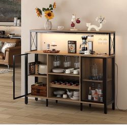 Industrial Bar Cabinet with LED Lights & Wine Storage – Like New