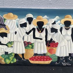 Vintage Painting Signed Emme Valcin Haiti ~ Fruit Market Scene 30” x 23”