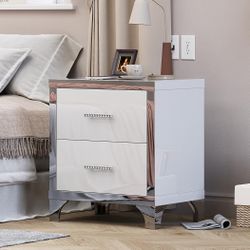 Set Of 2 - Modern White  High Gloss 2-Drawer Nightstands w/ Mirrored Trim  [NEW IN BOX] **Retails for $320 ^Assembly Required^ 
