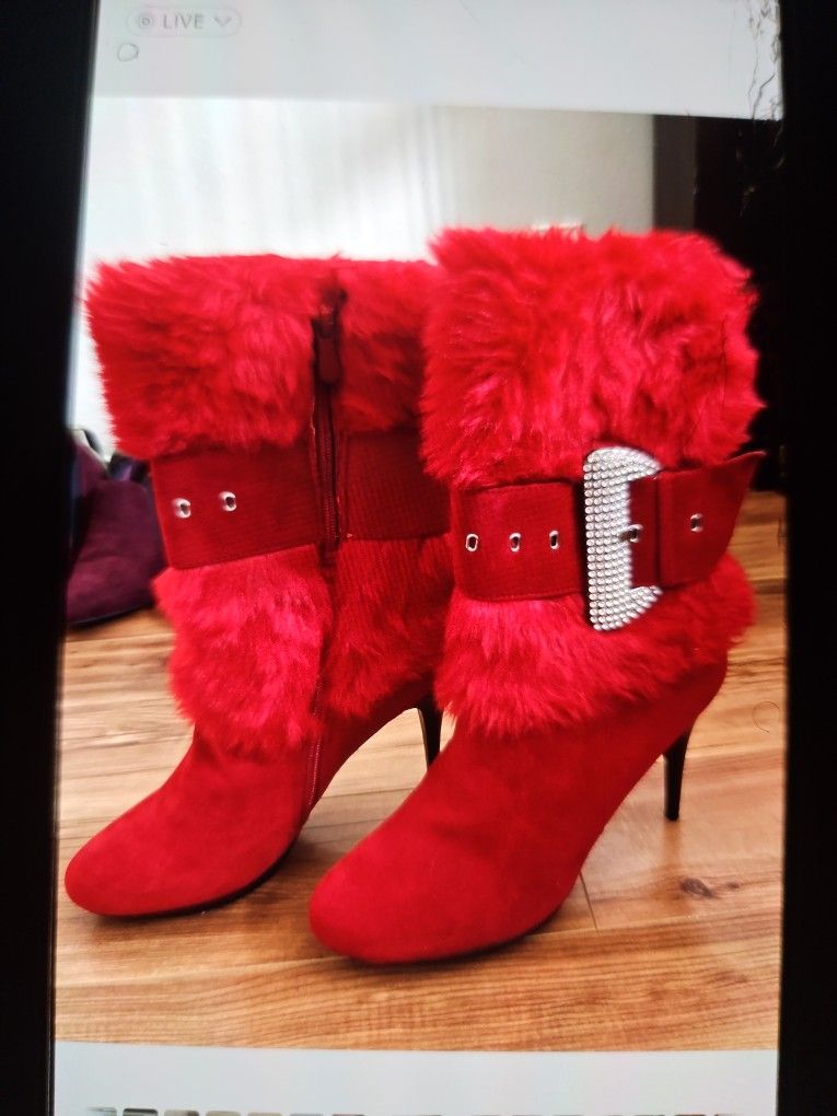 NEW Size 10 Red FUR BOOTS w/ Bling Buckle