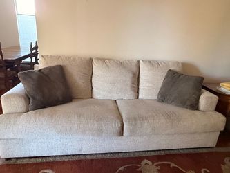 Beige Fabric 3-Seat Sofa with Throw Pillows