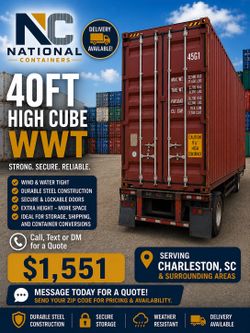40FT High Cube WWT Shipping Container – Charleston, SC – $1,551