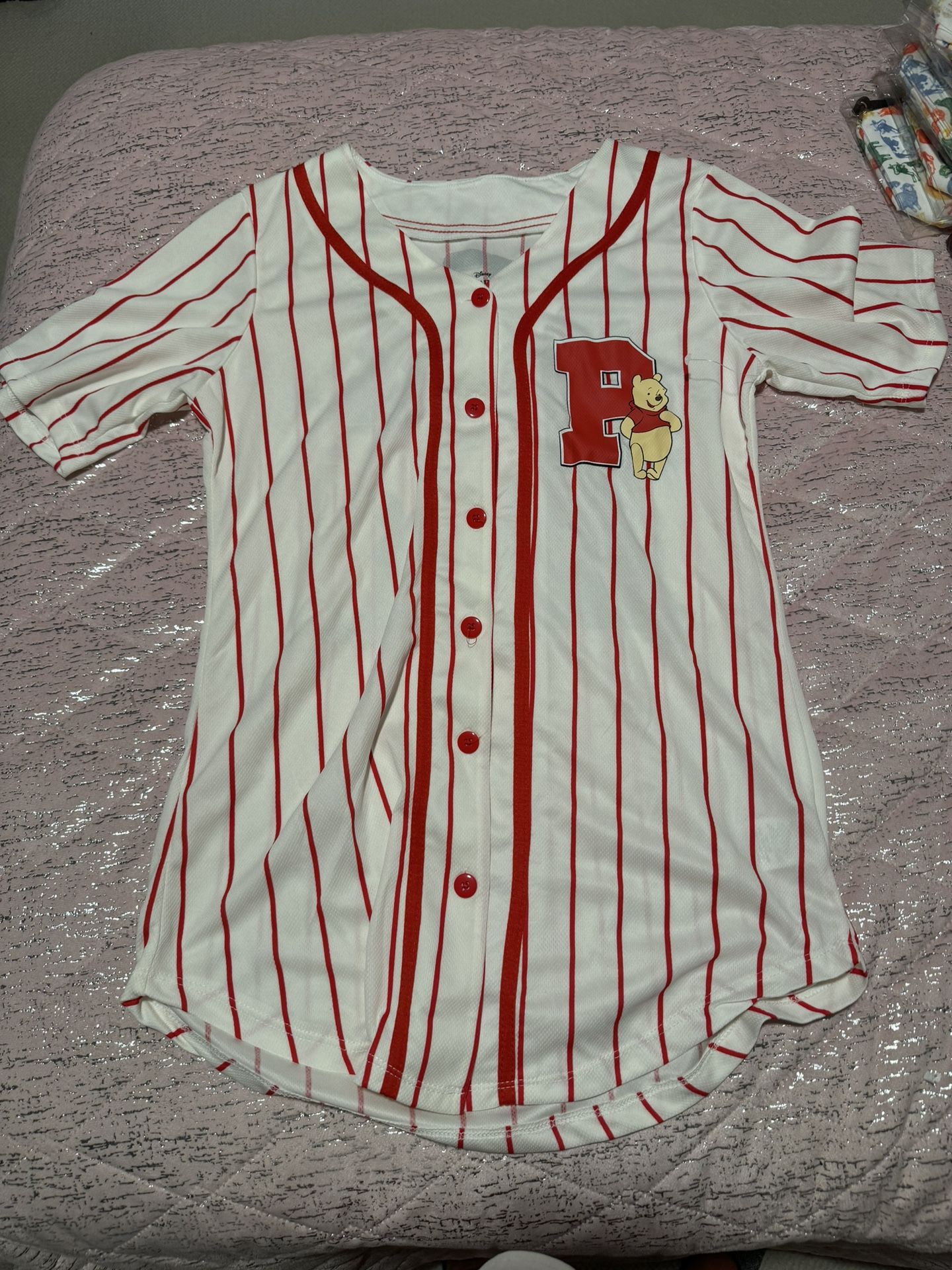 Disney Ladies Winnie The Pooh Baseball Jersey Shirt, Vintage Jersey Shirt White Red – Small