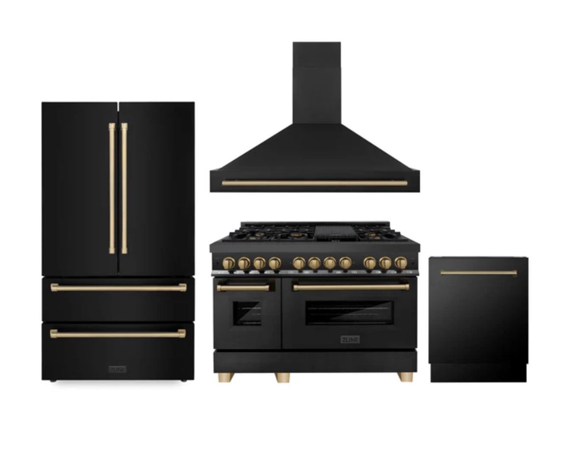 ZLINE 48" Autograph Edition Kitchen Package with Black Stainless Steel Dual Fuel Range, Range Hood, Dishwasher and Refrigeration with Champagne Bronze