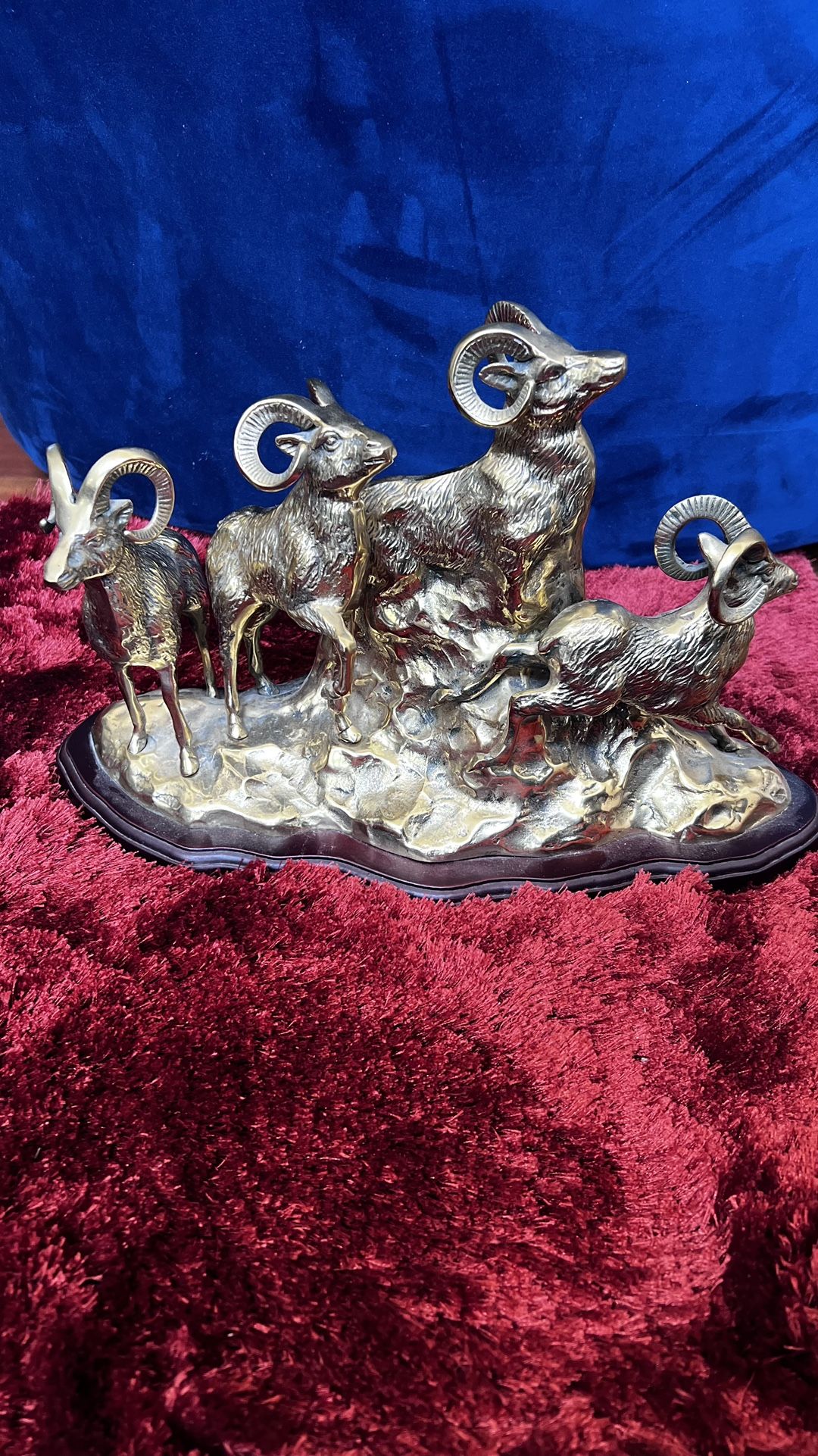 Vintage Herd of Rams(solid Brass) on Rock Hill Statue with Wooden Base.