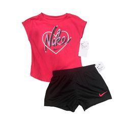 Nike Girl Sz 6X 2 Pc Top Shirt & Shorts Set Bright Pink, Black, White