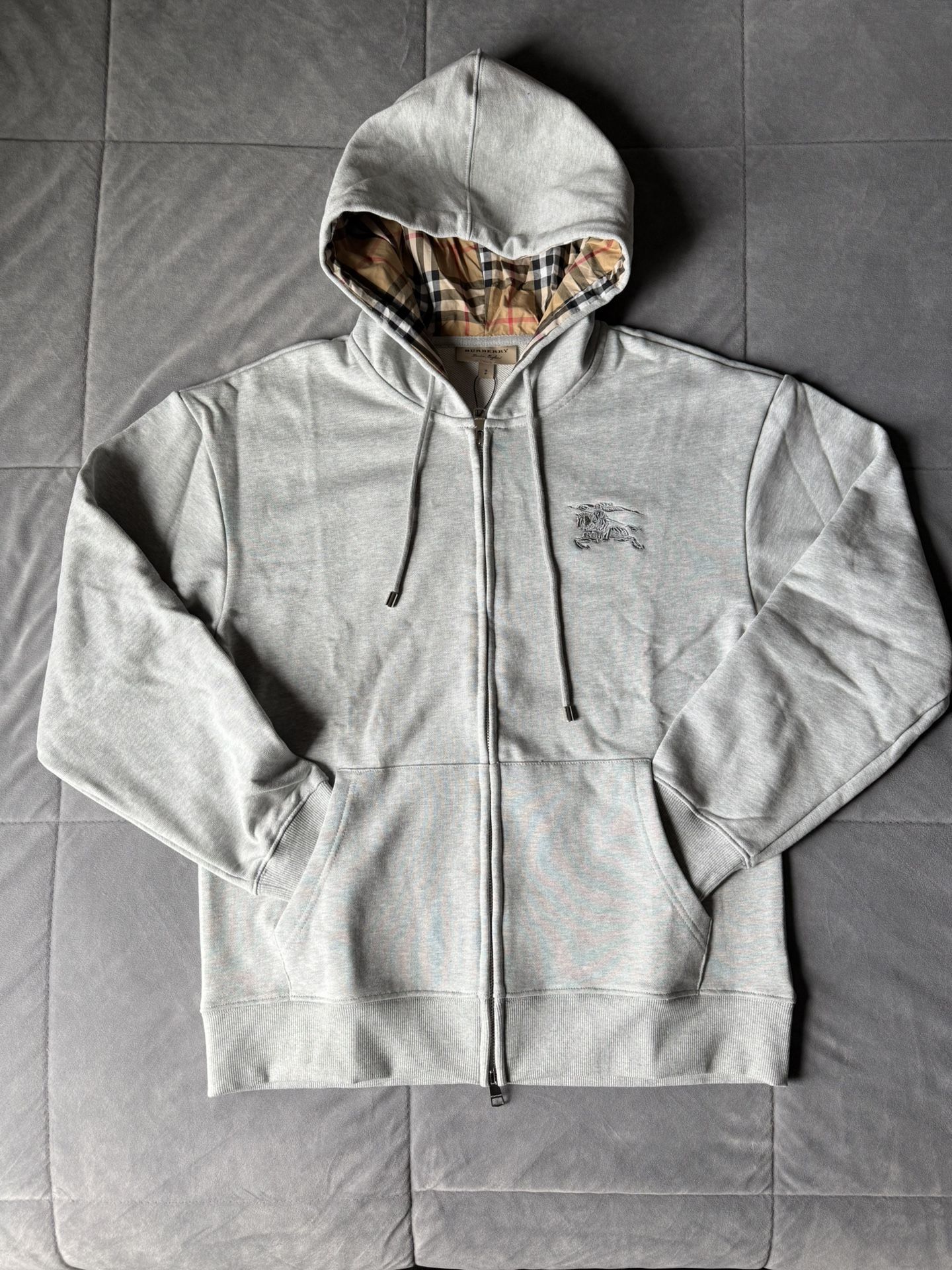 Gray Burberry Check Hood Zip-up Sweater