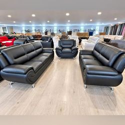 Black faux leather 3 piece sofa set