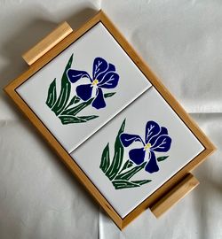 Vintage Wood Framed Relief-Style Blue Lotus Ceramic Art Tile Trivet