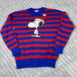 PEANUTS Girls Youth Size XS Holiday Sweater Red/Blue Striped, Crew Neck