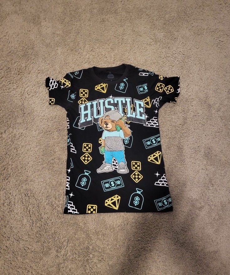 HUSTLE" Graphic Tee - Size Small - Money Bear Cartoon / Streetwear