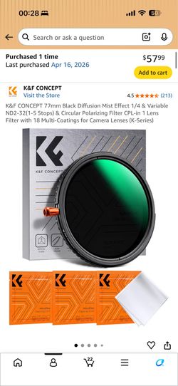 K&F CONCEPT 77mm Black Diffusion Mist Effect 1/4 & Variable ND2-32(1-5 Stops) & Circular Polarizing Filter CPL-in 1 Lens Filter with 18 Multi-Coatings