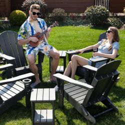 Adjustable Folding Adirondack Chair with Wood Texture, Weather Resistant HDPE Reclining Chair, Oversized Patio Chair with Cup Holder for Patio, Yard,