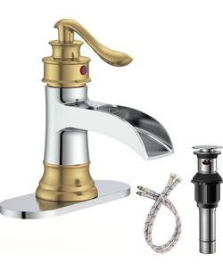 Faucet Waterfall Sink Faucets Bathroom Widespread Single Handle Chrome and Gold for 1 or 3 Holes Rustic Vanity Farmhouse with Pop-up Drain Deck Plate 