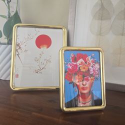 Set of 2 Framed Prints – Frida-Inspired Floral Portrait & Japanese Minimal Art | Solid Brass Frames
