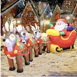 9.5 Ft Long Inflatable Santa on Sleigh, LED Light Up Christmas Inflatable with Three Reindeer for Indoor/Outdoor Garden Decoration