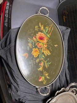 Vintage Oval Floral Serving Tray with Silver Handles