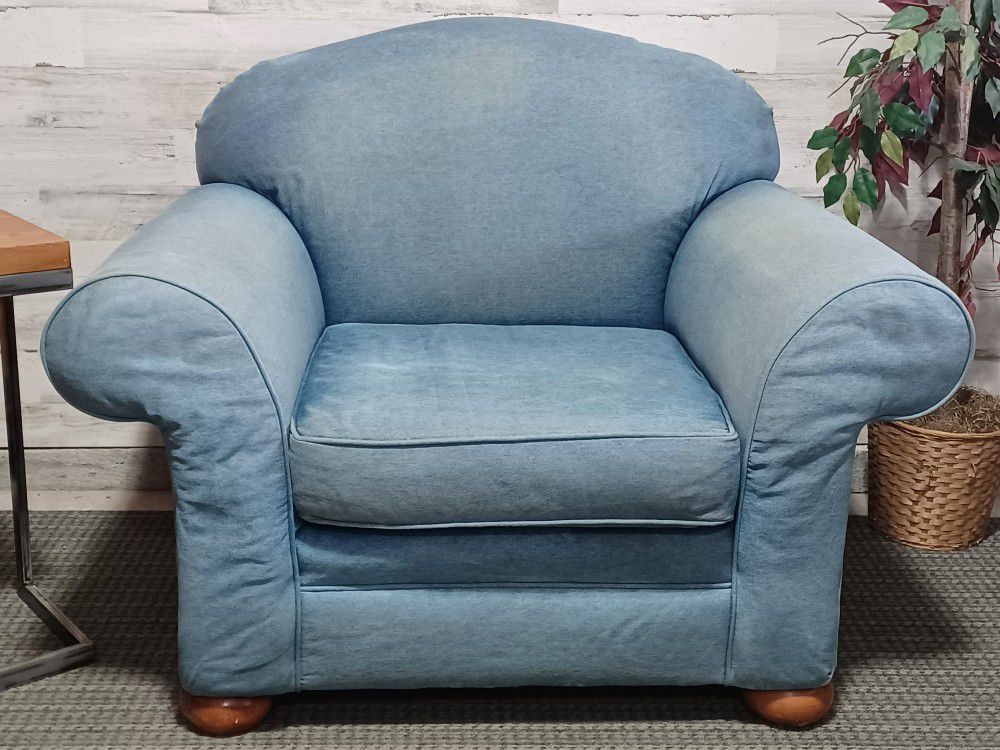 Living Room Arm Chair in Light Blue Stone Wash Denim with Round Wooden Feet