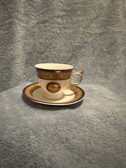 Versace Or Casa Elite Venus Espresso Cup and Saucer White Gold Black Set of 2