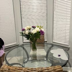 Round Beveled Glass Dining Table - Wrought Iron Scroll Base