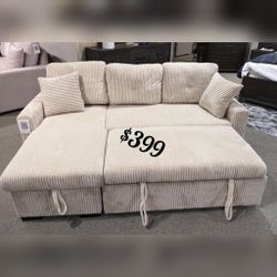 Beige corduroy sectional sofa with pullout bed