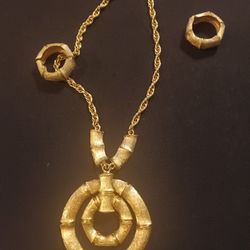 Vintage Napier Bamboo Necklace Brushed Gold Tone Statement Door Knocker Pendant +  Earrings 