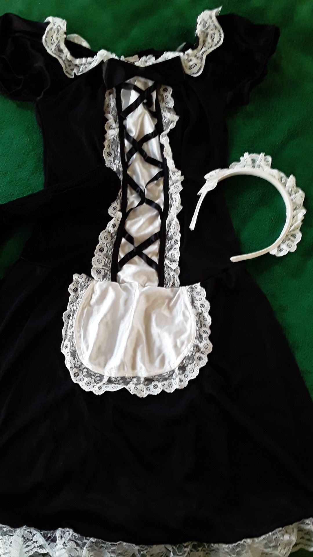 Maid? Costume w/ Lace Headband and Fishnet Stockings