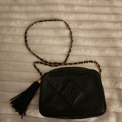 Chanel  8x4  Black Leather Gold Metal Laced Strap Clutch 