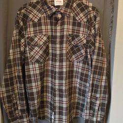 Long Sleeved Wrangler Shirt, Brown Plaid with Pearl Snaps